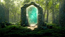 Forgotten Portal With Mossy Stone Arch In Mystery Forest