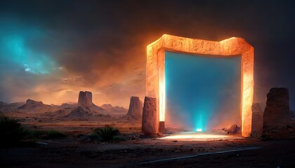 Wall Mural - square illuminated portal opened in desert under cloudy sky