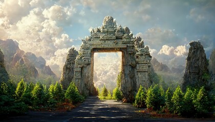 Wall Mural - decorated stone gates with portal on cliff edge at highland
