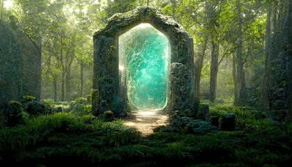 Wall Mural - forgotten portal with mossy stone arch in mystery forest