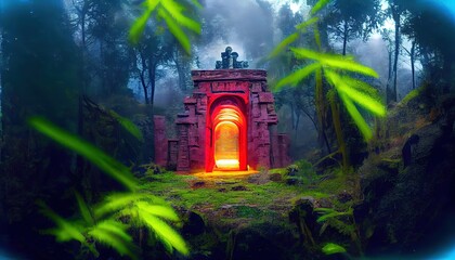 Wall Mural - stone gate with red portal in tropical forest at dusk