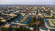 Drone aerial view of the historical center of Kostroma, Russia, with and Volga river at sunset. travel background
