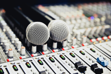 Wall Mural - Close-up microphone and sound mixer in studio for sound record control system and audio equipment and music instrument