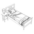 Outline of a bed with a blanket and a pillow with a bedside table with a lamp made of black lines isolated on a white background. Isometric view. 3D. Vector illustration.