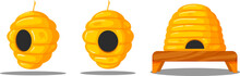 Beehive For Bees, Colorful Beehives In Different Angles, A Regular Beehive And A Semicircular Beehive On A Stand