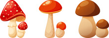 Aspen, Red Mushroom, Autumn Mushrooms, Large And Small Mushrooms In Cartoon Style