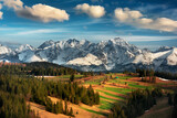 View of the Tatra Mountains, meadows, pastures, from Gliczarów Górny. Spring, Poland. Widok na Tatry, góry, łąki, hale, z Gliczarowa Górnego. Wiosna, Podhale, Polska. Krajobraz