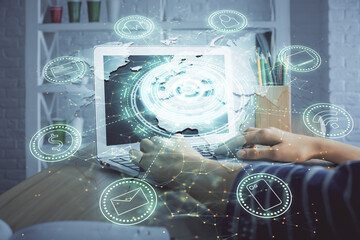 Poster - Double exposure of woman hands typing on computer and social network theme hologram drawing. People media concept.