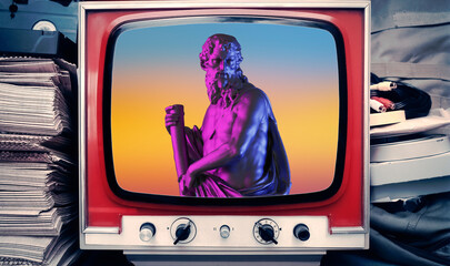 A retro analog TV set showing an old greek statue representing Asklepios (the god of medicine), glossy marble material (pink and blue lighting), over a vaporwave graded background.
