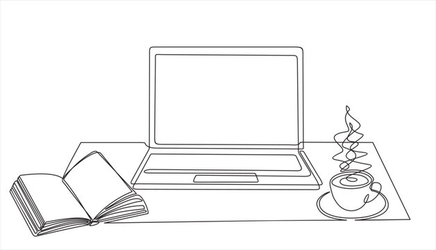 One continuous line drawing of computer laptop, book and a cup of coffee. Study space desk concept. Single line draw design vector illustration
