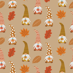Wall Mural - Cute Thanksgiving gnomes seamless pattern holding pumpkins with autumn leaves on light brown background. For Thanksgiving greeting cards, fabric , textile and home décor 