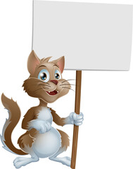 Wall Mural - Cute cartoon cat character with sign