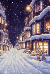 Winter snowy small cozy street with lights in houses, falling snow night town with lanterns on road. Winter holiday night time backdrop. Merry Christmas vintage retro illustration background. Vertical