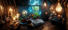 Spectacular Picture Of Interior Of A Fantasy Medieval Cottage, Full With Plants Furniture And Enchanted Light. Digital Art 3D Illustration.