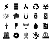 Energy Black Icon Set. Solar Panel, Windmill, Oil, Gas, Nuclear Vector Illustration
