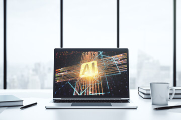 Poster - Modern computer monitor with creative artificial Intelligence icon. Neural networks and machine learning concept. 3D Rendering