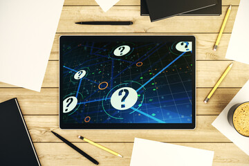Aufkleber - Creative abstract question mark sketch on modern digital tablet screen, FAQ and research concept. Top view. 3D Rendering