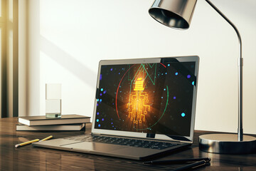 Poster - Creative light bulb illustration with microcircuit on modern computer monitor, future technology concept. 3D Rendering