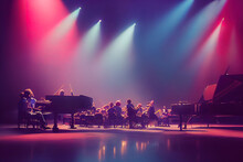 3D Illustration Of Piano Concert And Orchestra Full Of People And Spotlight From Ceiling