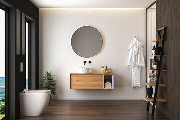 Wall Mural - Bathroom interior with dark parquet, toilet, shower and oval mirror, white and black walls front view. Minimalist black bathroom with modern furniture. 3d rendering