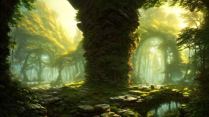 Wall Mural - Fantasy forest landscape with stone ruins and bizarre vegetation at a beautiful sunset. Ancient stone fantasy magic portal, passage to the unreal world. Green dense forest with sun rays. 