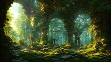 Fantasy Forest Landscape With Stone Ruins And Bizarre Vegetation At A Beautiful Sunset. Ancient Stone Fantasy Magic Portal, Passage To The Unreal World. Green Dense Forest With Sun Rays. 