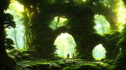 Wall Mural - Fantasy forest landscape with stone ruins and bizarre vegetation at a beautiful sunset. Ancient stone fantasy magic portal, passage to the unreal world. Green dense forest with sun rays. 3D