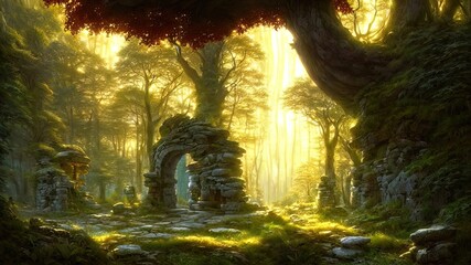 Wall Mural - Fantasy forest landscape with stone ruins and bizarre vegetation at a beautiful sunset. Ancient stone fantasy magic portal, passage to the unreal world. Green dense forest with sun rays. 3D