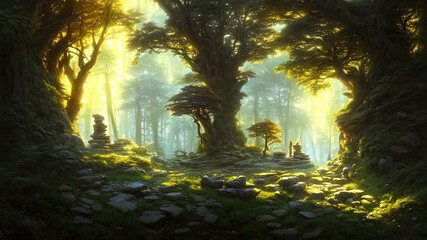 Wall Mural - Fantasy forest landscape with stone ruins and bizarre vegetation at a beautiful sunset. Ancient stone fantasy magic portal, passage to the unreal world. Green dense forest with sun rays. 3D