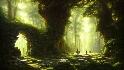 Wall Mural - Fantasy forest landscape with stone ruins and bizarre vegetation at a beautiful sunset. Ancient stone fantasy magic portal, passage to the unreal world. Green dense forest with sun rays. 3D