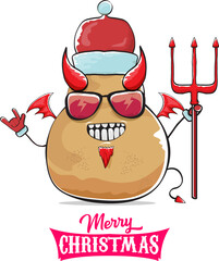 vector funny cartoon cute demon potato with santa claus red hat, fangs, trident and red wings isolated on white background. Childrens Merry Christmas greeting card with funny monster elf Santa Claus.