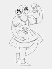 Wall Mural - A girl dressed in Dirndl is holding a large mug of beer. Black and white vector outline illustration for Octoberfest.