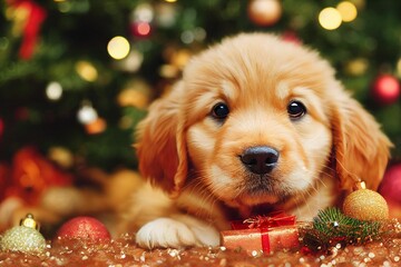 golden retriever puppy with christmas decorations