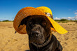 Czarny duży pies w żółtym kapeluszu na plaży. 