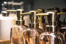 Close-up, Bottles With Dispensers For Liquid Soap.