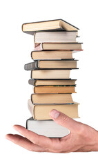 Wall Mural - Hand holding books stack isolated on white background. Knowledge, intellectual development, wisdom concept.