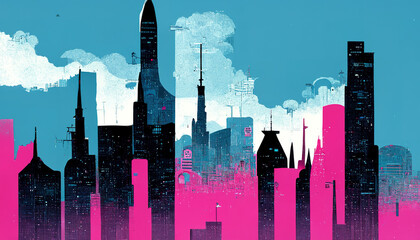 Wall Mural - Abstract cityscape with a spectacular contrast of pink and blue, a building in silhouette, and a white background. Digital art 3D illustration. Panoramic shot.