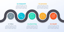 5 Step Road Infograph. Timeline Infographic With Business Icons. Winding Asphalt Pass Or Route. Modern Pathway Process Design. Vector Illustration.