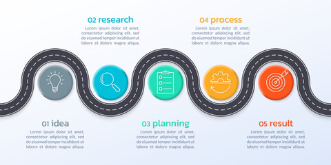 5 step road infograph. Timeline infographic with business icons. Winding asphalt pass or route. Modern pathway process design. Vector illustration.