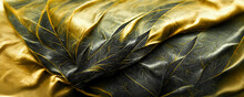 Spectacular Background Made Of A Smooth Silky Black And Gold Fabric Features See-through Display Grass As Texture. Digital Art 3D Illustration. Elegant Abstract Artwork.