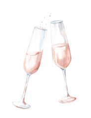 Two glasses of champagne in toasting. Watercolor hand drawn illustration isolated on white background