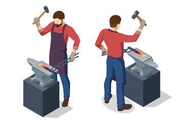 Isometric Forge, blacksmith. Strong blacksmith with hammer and anvil forge iron. Blacksmith in workshop