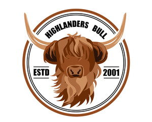 Emblem of brown Highland cattle, cow. Cute head of Scottish cattle isolated on white background. Written Highlanders Bull. Design element for logo, poster, card, banner, emblem, t shirt. Vector EPS10