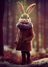 Cute Fluffy Bunny In A Warm Knitted Coat On The Background Of A Winter Forest On A Winter Day