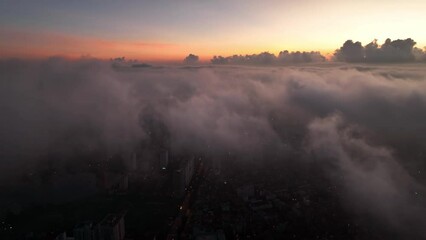 Fototapete - Drone view of Hanoi city with foggy in morning, Vietnam.