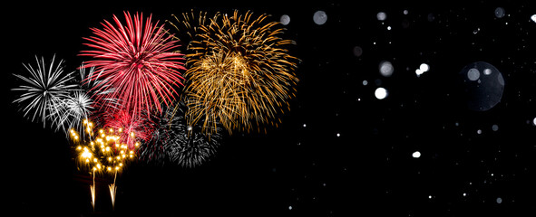 Wall Mural - red and white with yellow firework in bokeh defocus glitter blur background.