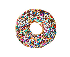 Wall Mural - Chocolate glazed doughnuts with colorful sprinkles on transparent background, png file