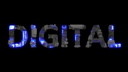Poster - metal scrap cyber punk text DIGITAL with electrical light and animated surface, isolated - loop video