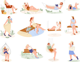 Sticker - Female outdoor vacations. Tourist on terrace, woman seasonal activities. Drink and relax on nature, enjoy landscape and sea kicky vector scenes