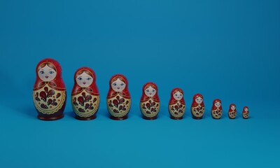 Wall Mural - 3d illustration, set of matryshka, traditional Russian dolls, beautifully colored, blue background, 3d rendring